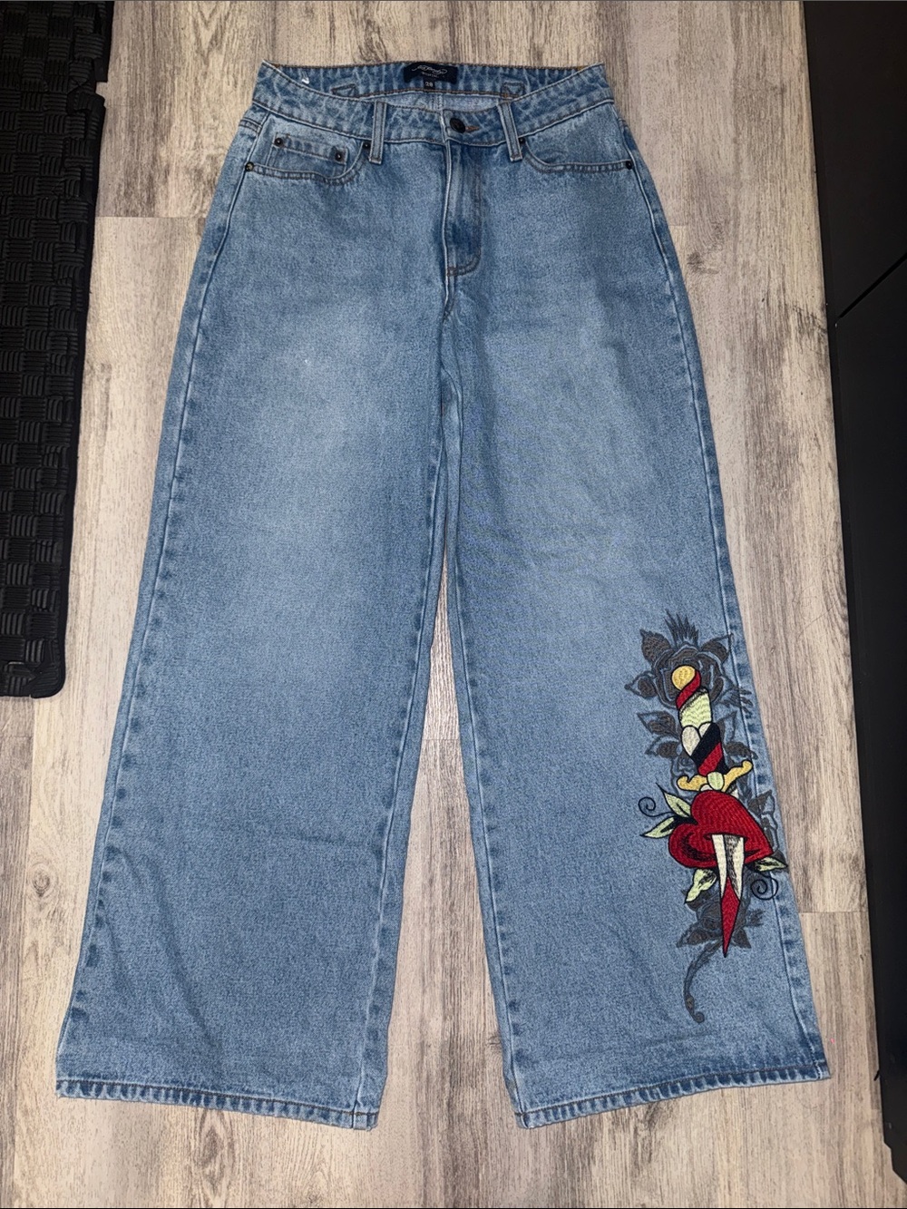 Ed Hardy High-Waist Wide-Leg Womenās Denim Jeans with Red Embroidered Detail